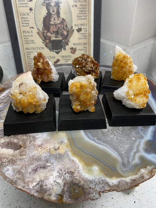 Citrine mini Druze on wooden base