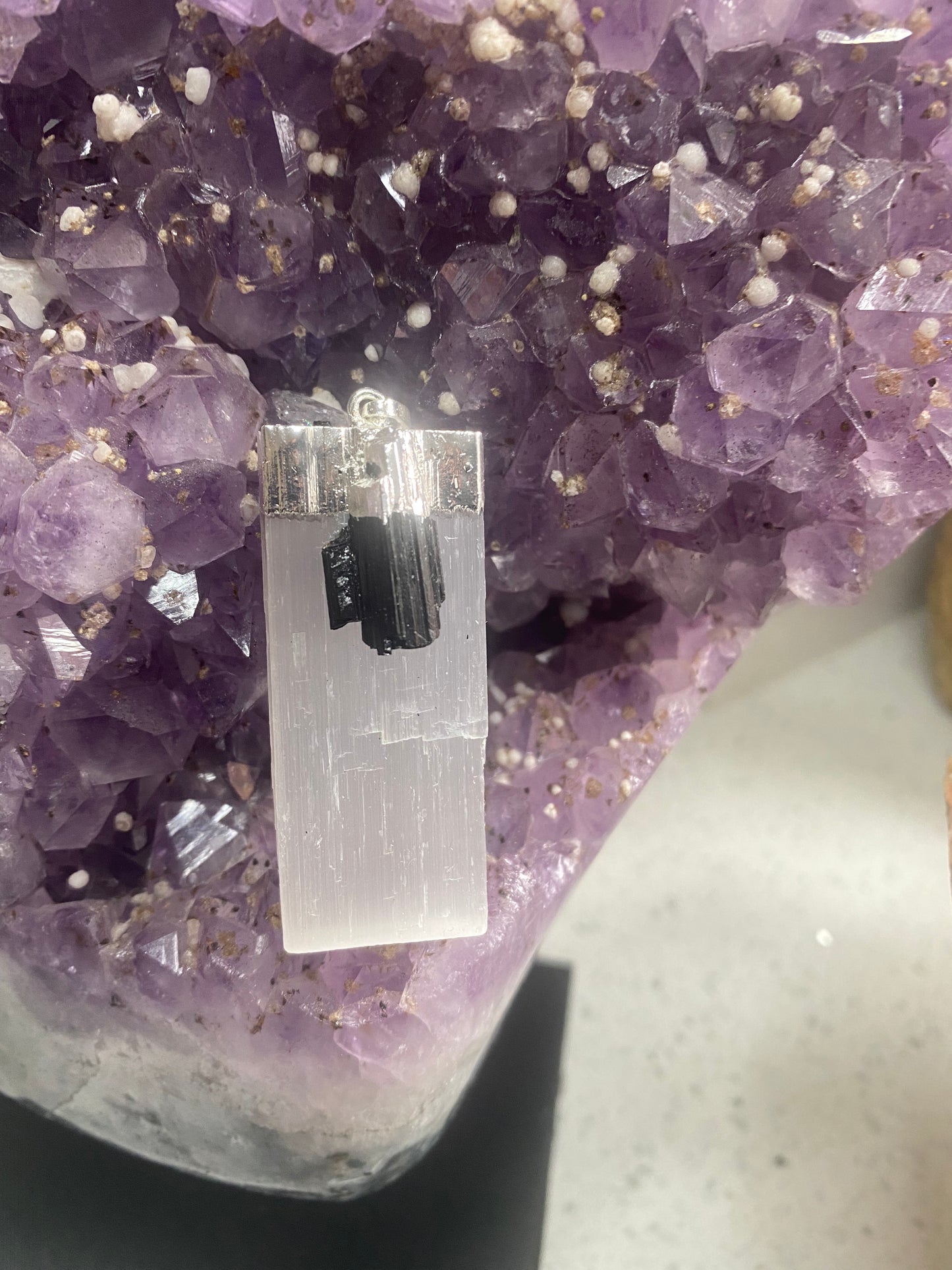 Selenite with black tourmaline pendant