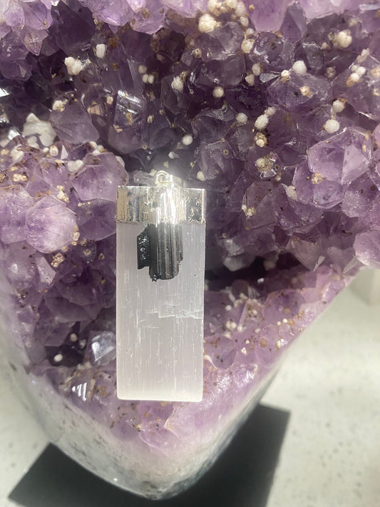 Selenite with black tourmaline pendant