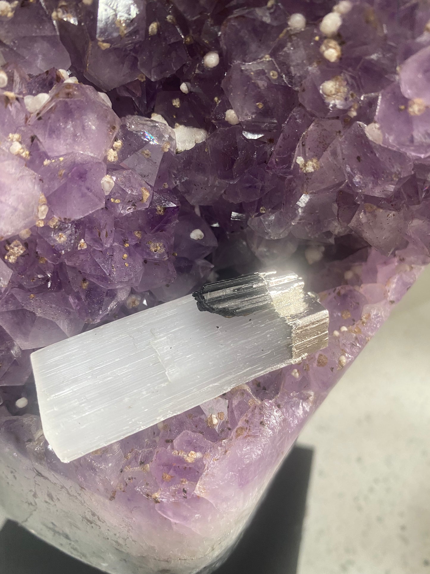 Selenite with black tourmaline pendant