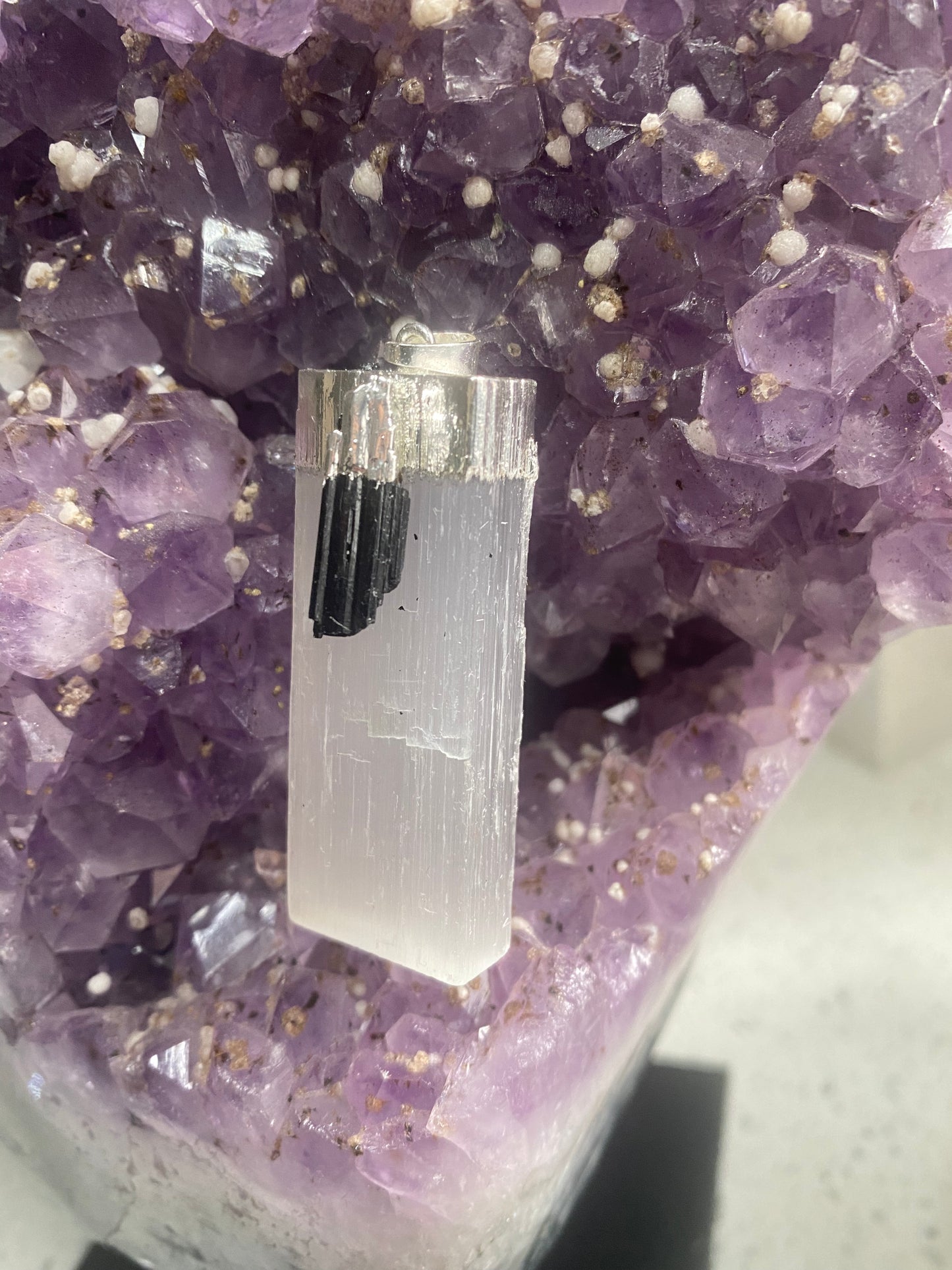 Selenite with black tourmaline pendant