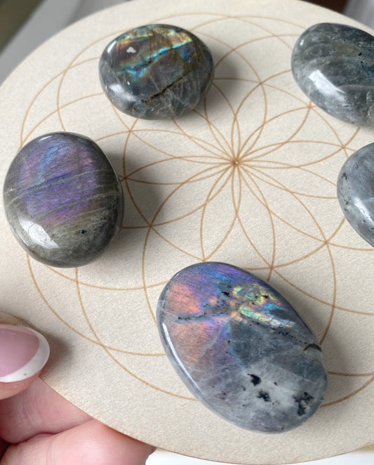 Pink purple flashy labradorite palm stone